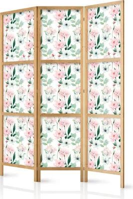 Produktbild von 3-teiliger Einseitiger Vlies Japanischer Paravent - Peonies - Pink and White Flowers and Green Leaves on a White Background 135x172 cm Blumen b-B-10450-bh-a