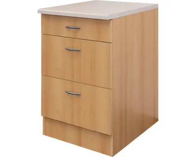 A three-drawer cabinet with a light-colored top and wood-grain sides.