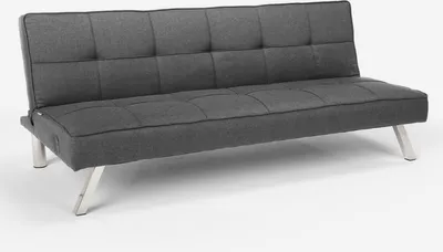A dark gray sofa bed with tufted cushions and silver metal legs, shown from a slightly elevated side angle against a white background.