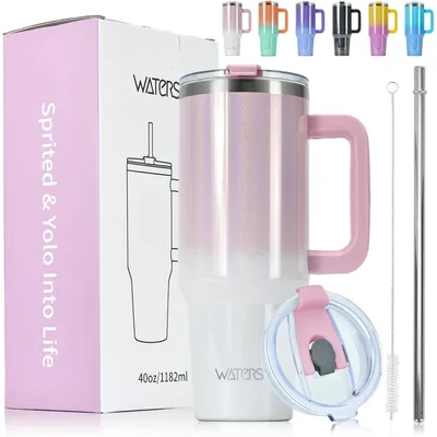 Productafbeelding van Thermobeker voor onderweg, 1182 ml, roestvrij staal, vacuüm geïsoleerd, lekvrij, met handvat en rietje, roze, wit, glanzend