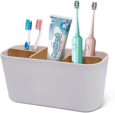 Immagine prodotto di Portaspazzolini in plastica con divisori in bambù, organizer per spazzolini elettrici da bagno, 4 scomparti, bianco