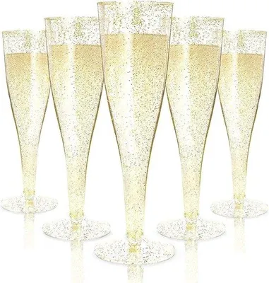 Produktbild von Famanu Plastik-Champagnergläser - 54 Stück - 150 ml - Gold Glitter - wiederverwendbare Gläser