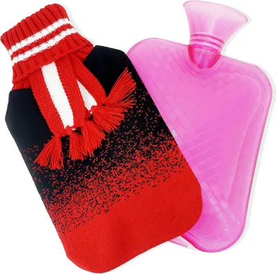 Productafbeelding van 2 l lekvrij met afneembare zachte gebreide hoes voor pijnverlichting warme en koude therapie, handen voeten buik en nekwarmer, zwart-rood