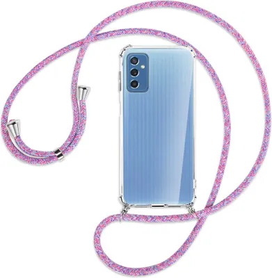 Produktbild von Handykette Backcover-Schutzhülle mit Band (Metall silberfarben) für Samsung Galaxy M52 5G (M526) - lila/rosa/blau