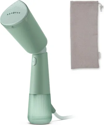A green handheld garment steamer and a gray fabric pouch against a white background.