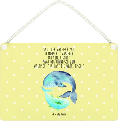Produktbild von Mr. & Mrs. Panda Schild Walfisch Thunfisch DIN A4 - Gelb Pastell - Geschenk, holzbild, Spruch Lustig, Wahl, wandtafel, Lustige Sprüche, Türschild, Des Tages, Wal, Witz