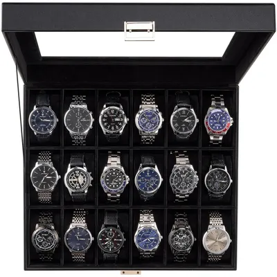 Image de Boîte à montres avec 18 compartiments et couvercle en verre, noire