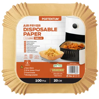 Produktbild von PORTENTUM Backpapier 100 Stück 20x20cm BPA-frei für Heißluftfritteuse 4.7-7.3L