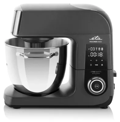 A dark gray kitchen mixer with a silver bowl is shown against a white background.