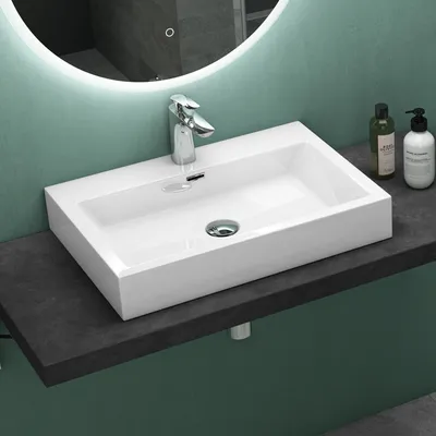 Produktbild von Mai & Mai Breite: 60cm Waschbecken Aufsatz-Waschschale Hänge-Becken Mineralguss in weiß 1 Armaturenloch Bad Eckig Col06