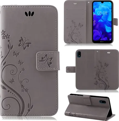 Produktbild von Handytasche für Huawei Y5 2019 Blumen Flip Cover Buchhülle mit Magnetverschluss, Grau