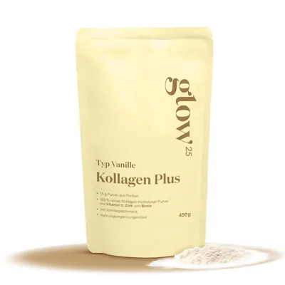 Produktbild von Glow25® Collagen Plus Typ Vanille [450g] - Kollagen Hydrolysat mit Vitamin C, Zink und Biotin - Peptide Typ 1 und 3 - Gute Löslichkeit