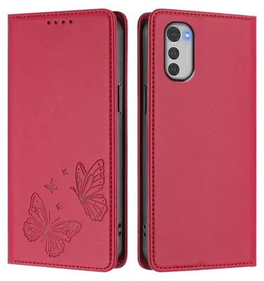 Obrázek produktu pro Kožené pouzdro pro Motorola Moto E32, motýlí ražbou, peněženkové flip pouzdro se stojánkem Červená