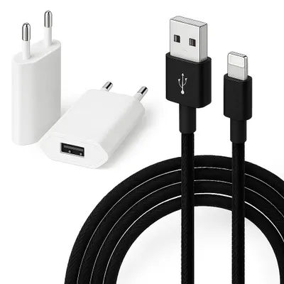 Produktbild von Nylon USB A Schnellladekabel für Apple Geräte 3 Meter mit 5 Volt Ladegerät Netzteil Daten und Ladekabel für Apple iPhone 5 bis 14 Plus Mini Pro Max