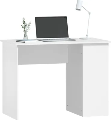 A white desk with a laptop, a vase with plants, and a lamp on it, set against a white background.