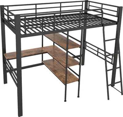 Produktbild von Hochbett(schwarz)Hausbett mit Schreibtisch, Mehrere Regale, Geländer, Leiter, Eisenrahmen