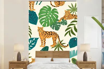 Produktbild von MuchoWow® Fototapete für Wohnzimmer oder Schlafzimmer Wandtapete Vinyl Motivtapete Dschungel - Leopard - Pflanzen - Muster - Mädchen - Jungen - 200x300 cm - Wanddekorationen