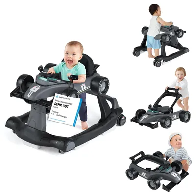 Produktbild von COSTWAY 4 in 1 Lauflernhilfe, Lauflernwagen, Baby Walker Autoförmig mit Musikbox, Licht & Rädern, Gehfrei Baby ab 6 Monaten, 12kg Belastbar, Grau