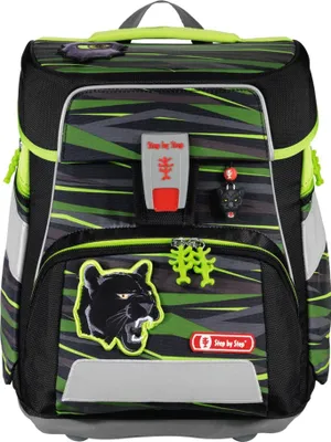 A school backpack with a jungle/panther theme.