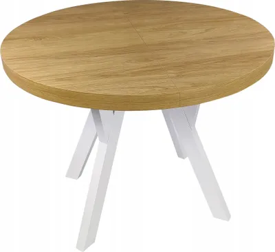 A round wooden table with white legs on a white background.