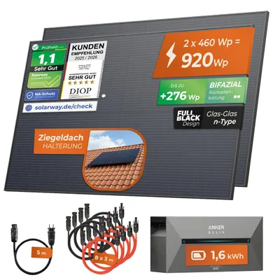 Produktbild von Solarway®️ 920Wp / 800W Balkonkraftwerk mit 1,6 kWh Speicher komplett Steckdose - 1,6 kWh Anker SOLIX 2 PRO Speicher