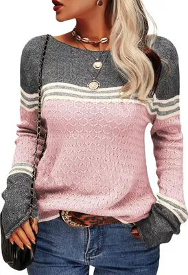 Produktbild von AKSA Damen Strickpullover Pullover Herbst Winter Langer Oversize Pulli Sweater Langarm Duenne Elegant Rundhals Sweatshirt Casual Winterpullover,Rosa,3XL