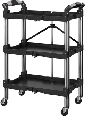 Produktbild von Klappbarer Werkzeugwagen 3-stufig aus Kunststoff und Stahl, Schwarz - Mobiler Werkzeugtrolley für Werkstatt und Garage