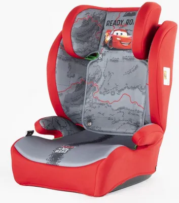 Produktbild von Tataway Disney Cars Autositz für Kindersicherheit mit einer Körpergröße von 100 bis 150 cm mit Lightning McQueen-Grafiken auf rot-grauem Hintergrund