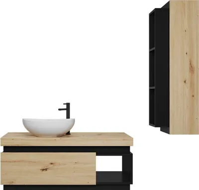 A bathroom vanity with a sink and faucet, next to a tall cabinet.
