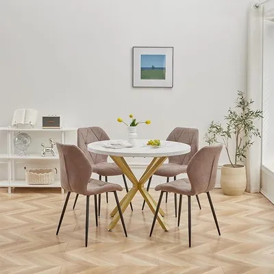 Productafbeelding van Eetset, 5-delig, bestaande uit: een eettafel van rundervleesfineer, 100 cm, en 4 linnen eetkamerstoelen. Eettafel en stoelen voor 4 personen. 4 stoelen en een tafel, geschikt voor de keuken, eetkamer en woonkamer (wit/goud+bruin)