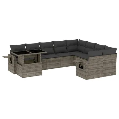 Produktbild von 10-tlg. Garten-Sofagarnitur mit Kissen Grau Poly Rattan