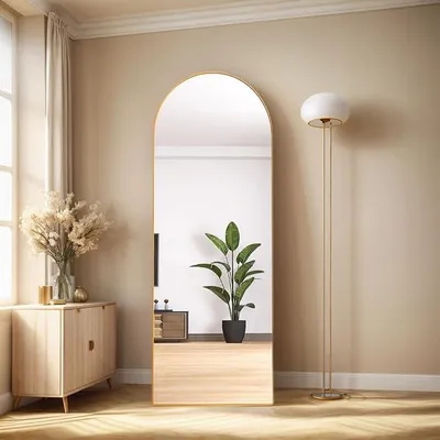 Imagen del producto de Espejo de pie, 165 x 60 cm. Espejo de pared grande, diseño moderno. Espejo de cuerpo completo, con marco de aluminio, de pie y con soporte para colgar en la pared (dorado curvado, 165 x 60 cm)