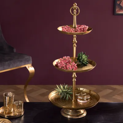 Produktbild von riess-ambiente Design Etagere ORIENT 65cm gold im Wild Hammerschlag mit drei Etagen Obstablage Ablage Schmuckablage