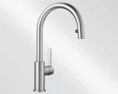 A studio shot of a stainless steel kitchen faucet against a gradient background.