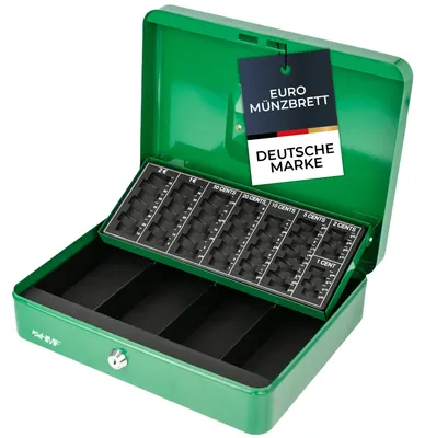 Geldkassette mit Euro-Münzzählbrett von HMF mit 30 cm Breite in Grün