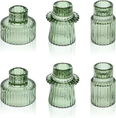 Imagen del producto de Juego de 6 portavelas, 2 en 1 para velas largas y velas pequeñas, de vidrio transparente, de tamaño pequeño, ideal para