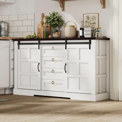 Produktbild von Merax Sideboard mit Schiebetüren und 4 Schubladen im Landhausstil, Kommode mit verstellbare Einlegeböden in Vintage Look, für Küche, Ess- / Wohnzimmer