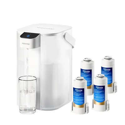 A white water filter pitcher with a glass of water being filled and four replacement filters.