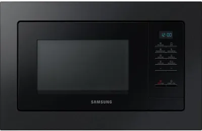 A front view of a black Samsung built-in microwave.