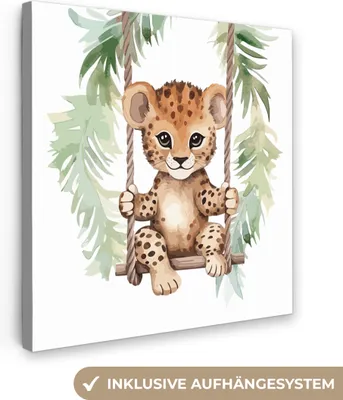 Produktbild von MuchoWow® - Leinwandbilder - Leopard - Tier - Kinder - Dschungel, Wandbild, Wanddeko Bilder Wohnzimmer, 90x90 cm