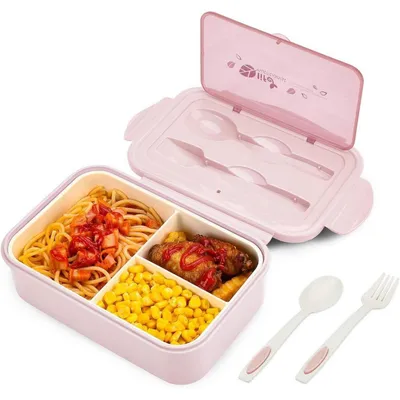 Produktbild von Bento Box mit 3 Fächern und Besteck, auslaufsicher, mikrowellengeeignet, spülmaschinenfest, Pink