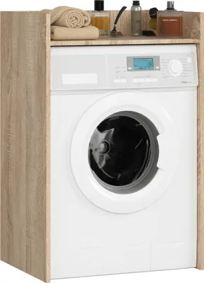 A washing machine with a wooden cabinet surround and shelf.