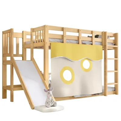 Produktbild von Etagenbett, Holzbett mit Treppe und Zäune, mit Bettvorhang, Rutsche, Kinderbett mit Fallschutz und Gitter, MDF+Kiefer, Natur, 90x200cm