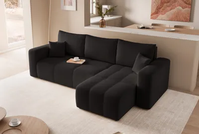 Produktbild von Moderne Ecksofa mit Schlaffunktion PEDRO mit L-Form Steppungen Schwarz Sofa mit Bettkasten Universal Couch mit Kissen Bettcouch Farbe: Manila 18
