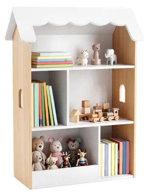 Image de Étagère COSTWAY pour enfants en forme de maison, étagère à jouets en bois avec 5 compartiments ouverts et dispositif anti-basculement, étagère pour enfants, étagère de rangement Montessori, blanc et naturel