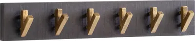 Wandgarderobe Mango Massivholz Metall mit sechs goldfarbenen Haken auf schwarzem Rahmen, Gesamtansicht.