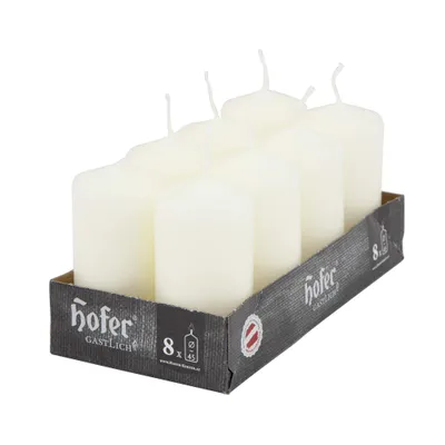 Obrázok produktu pre Hofer Stĺpové Sviečky - Čas Horenia 12 hodina - Slonová Kosť - 8 kusov Rozmery 4,5 x 9 cm Voskové Sviečky Farba Slonovej Kosti Candles neparfumované