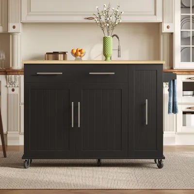Imagen del producto de Isla de cocina con espacio de almacenamiento, dimensiones 120x40(65)x90 cm, superficie extensible, dos cajones, color  con aspecto de madera natural