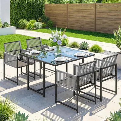 Produktbild von Sitzgruppe klappbar Seilgeflecht Netzstoff, Gartenmöbel Set 5-teilig Glastisch, Stahl Hellgrau | 25,5 kg | 4 Stühle + Glastisch | 120x120x72 cm