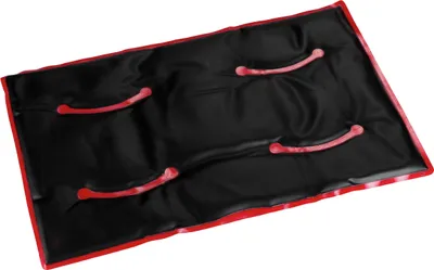 A black rectangular cushion with red straps, presented on a white background.
